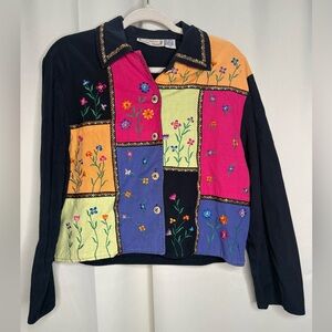 Women's Embroidered Patchwork Jacket - Black with Multicolor Panels